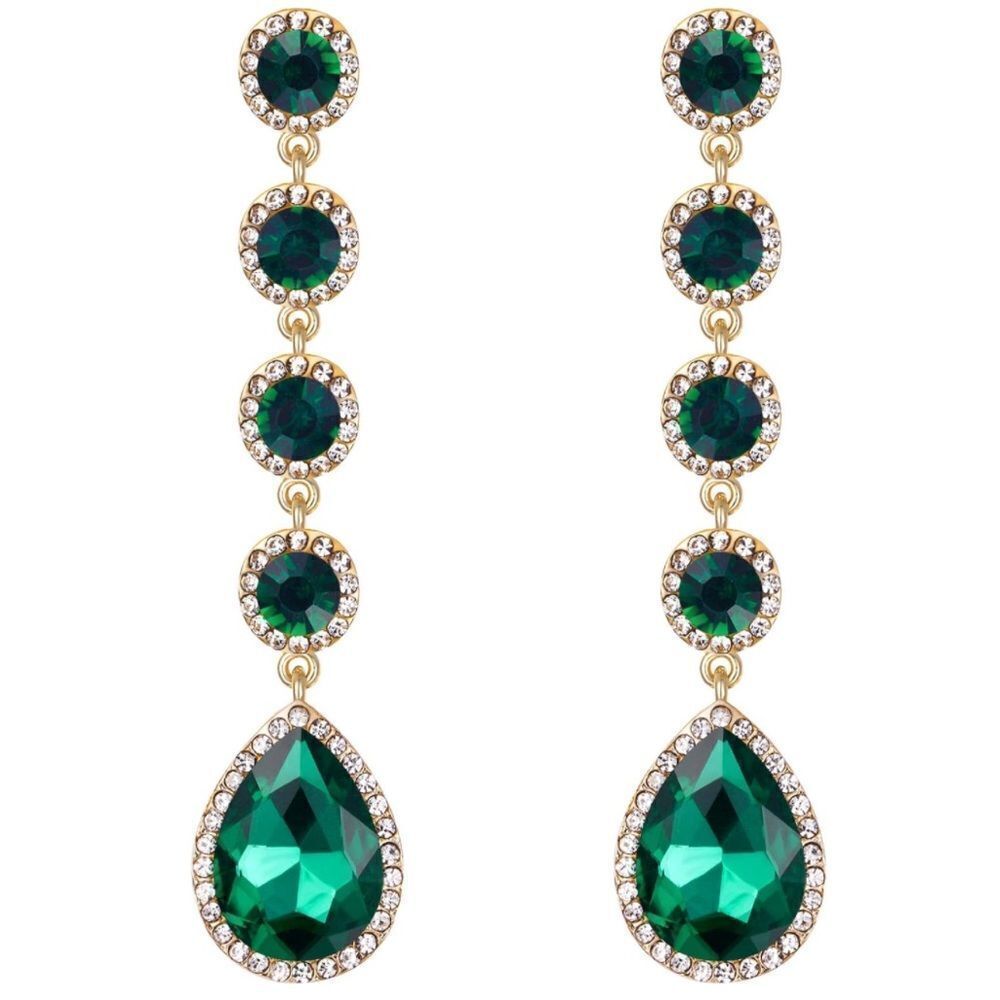 Yellow Gold with Emerald Green Austrian Crystal Teardrop Chandelier Earrings